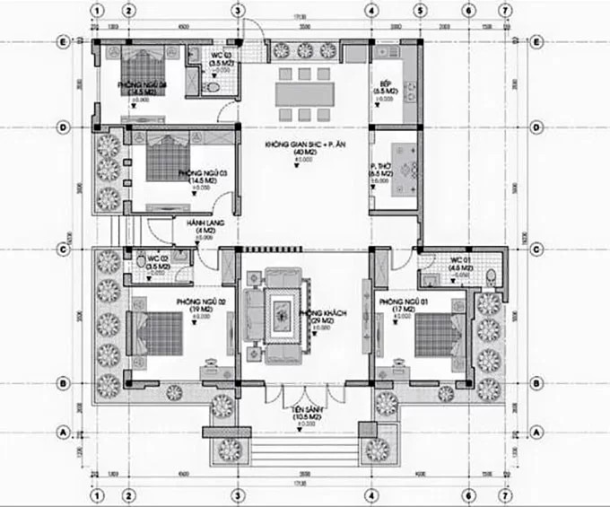 Bố trí thiết kế công năng mặt bằng 1 tầng diện tích 200m2