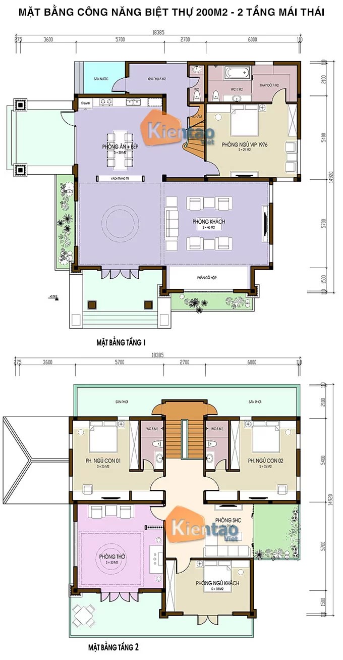 Mặt bằng công năng biệt thự 200m2 thiết kế 2 tầng mái thái