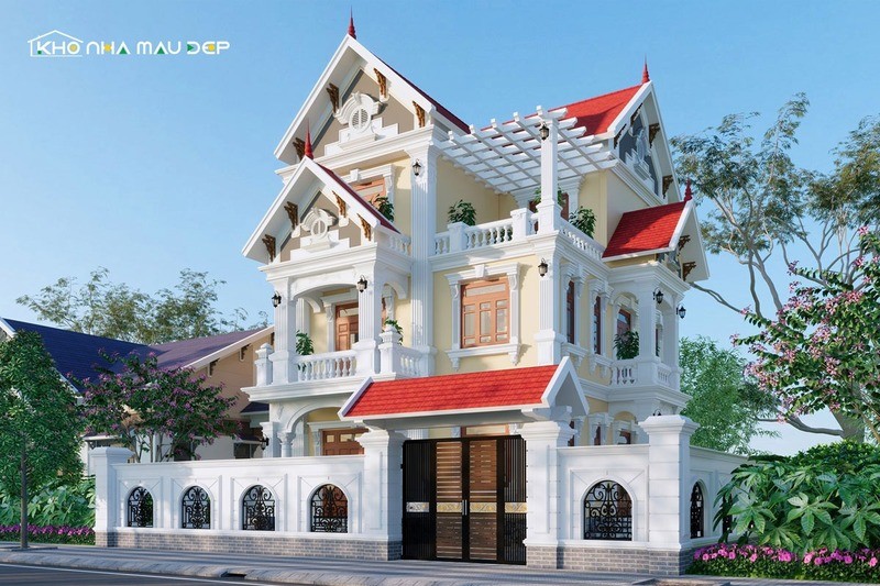 Mẫu nhà 3 tầng 3 phòng ngủ có mặt tiền thiết kế ấn tượng
