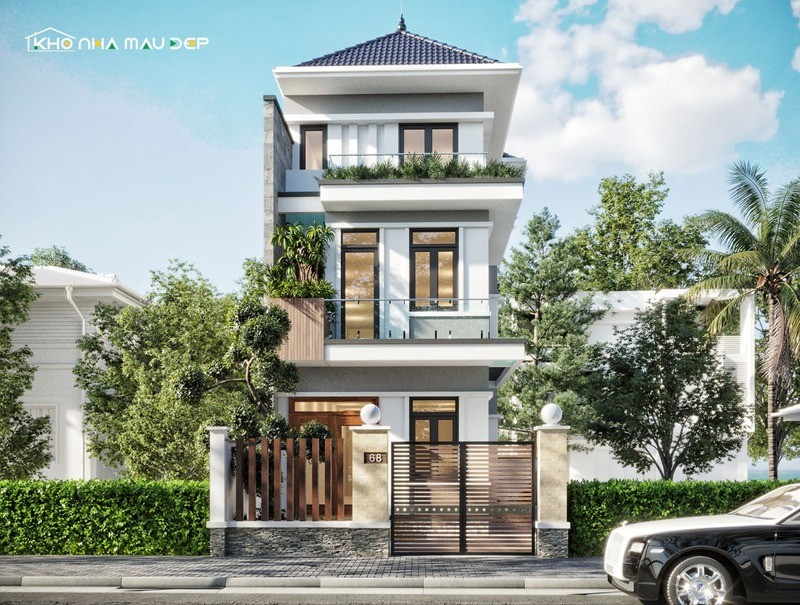 Mẫu nhà 3 tầng 4 phòng ngủ có ban công làm bằng kính rộng