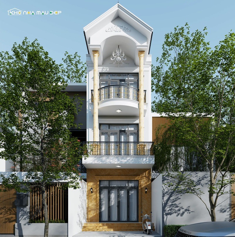 Mẫu nhà ống 3 tầng có thiết kế mặt tiền ấn tượng với phong cách tân cổ điển đẳng cấp