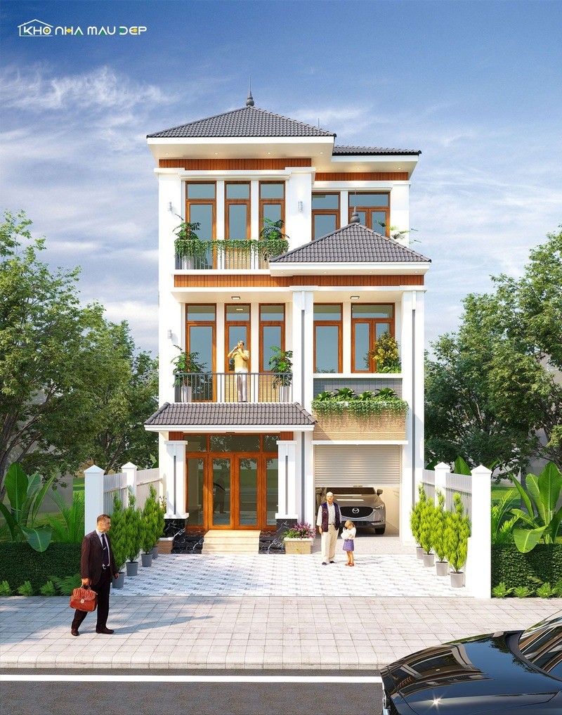 Mẫu nhà 3 tầng có gara ô tô ở tầng trệt
