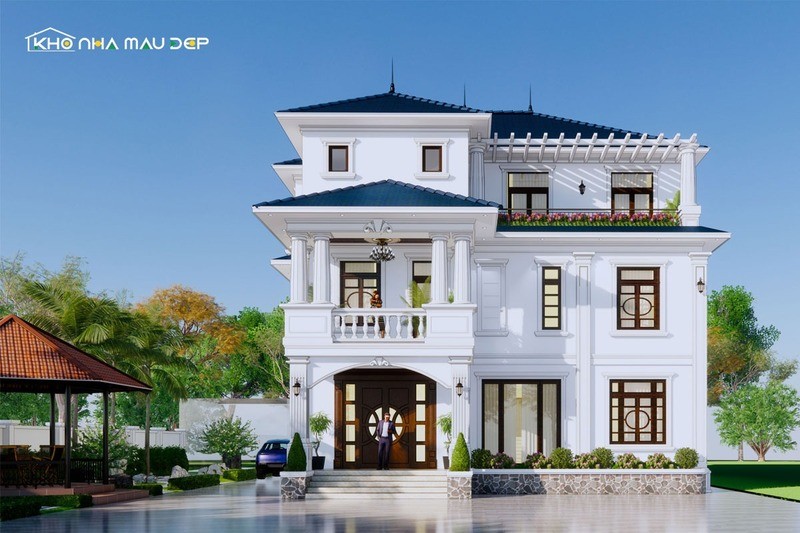Mẫu nhà 3 tầng có sân vườn rộng rãi trồng nhiều xây xanh mát