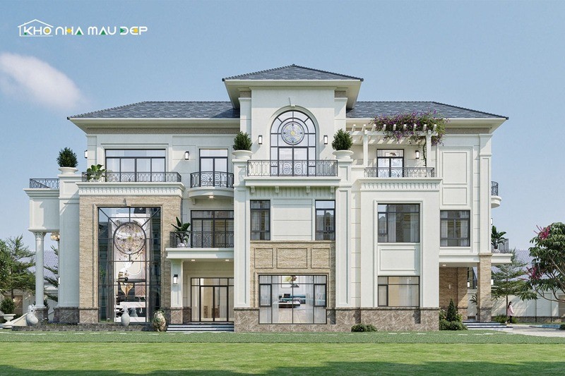 Mẫu nhà 3 tầng kiểu Pháp thiết kế sang trọng với gam màu be chủ đạo