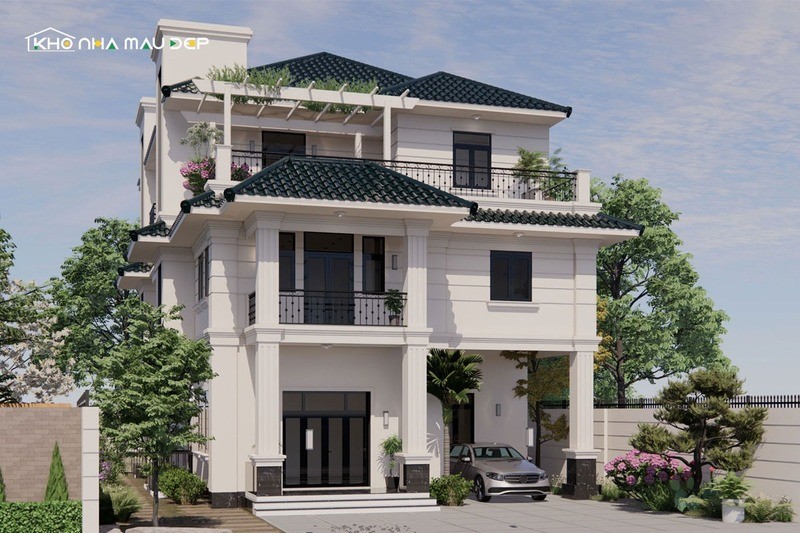 Mẫu nhà 3 tầng mặt tiền 8m có khu vực đỗ xe ở tầng 1 rộng rãi