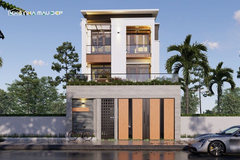 Mẫu nhà 3 tầng thiết kế theo phong cách hiện đại có ban công rộng trồng nhiều cây xanh