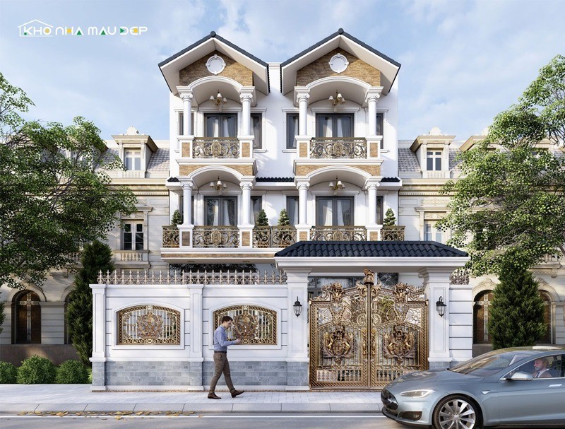 Mẫu nhà 3 tầng thiết kế theo phong cách tân cổ điển có mặt tiền ấn tượng với các hoạ tiết hoa văn tinh tế và các cột trụ vững chắc