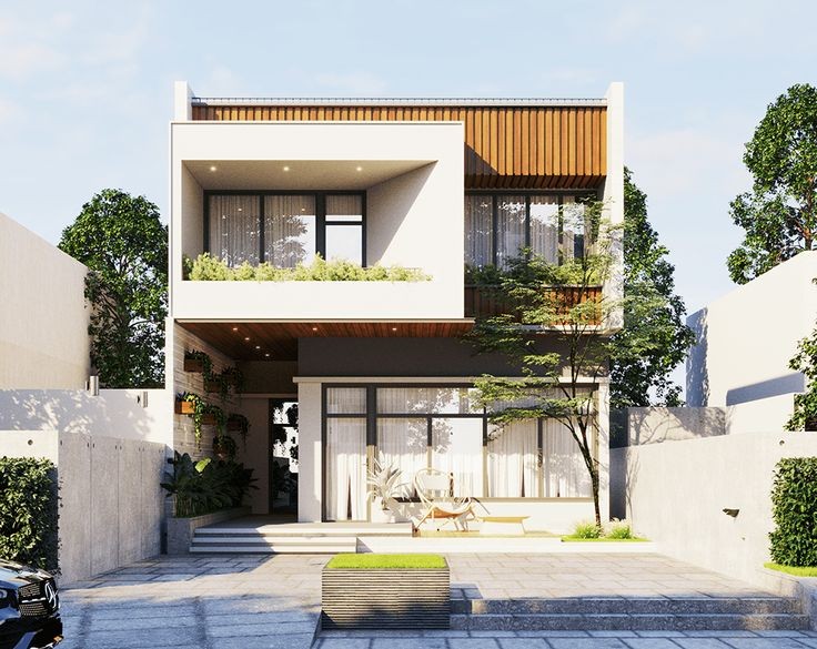 Mẫu nhà vuông đẹp 2 tầng với cửa kính lớn và cây xanh, tạo không gian sống mở, gần gũi với thiên nhiên và tràn ngập ánh sáng tự nhiên