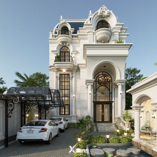 Mẫu nhà vuông đẹp phong cách châu Âu với mái mansard, kết hợp giữa cổ điển và hiện đại, tạo không gian sống đẳng cấp