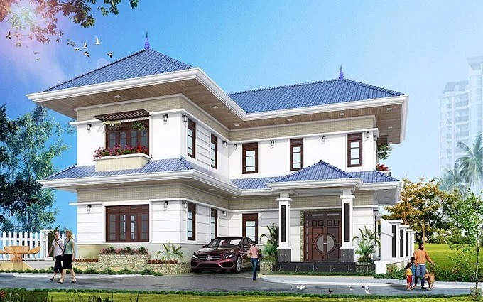 Mẫu thiết kế biệt thự 2 tầng 200m2 mái chéo