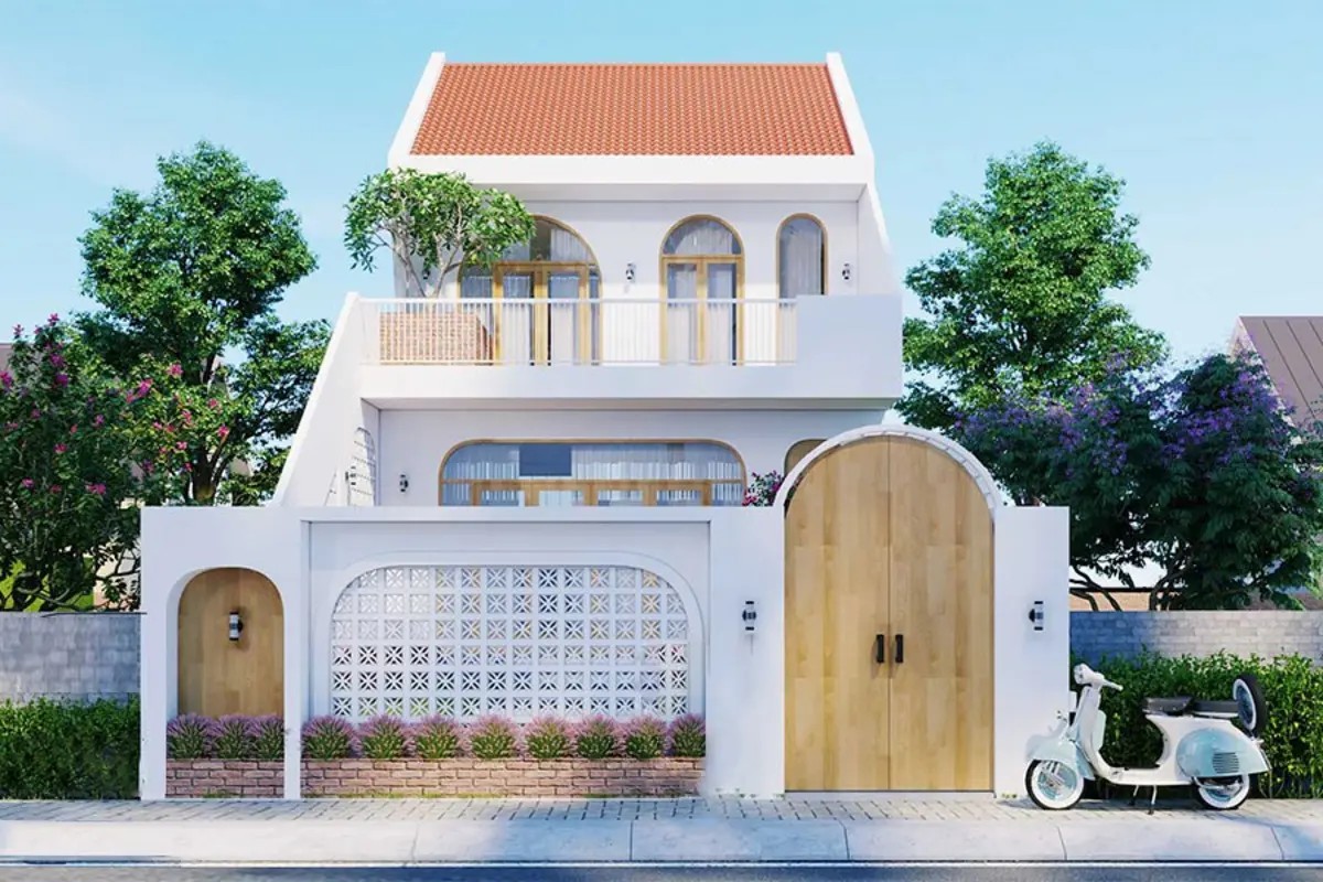 Nhà 1 trệt 1 lầu mái Thái đỏ có mái vòm độc đáo