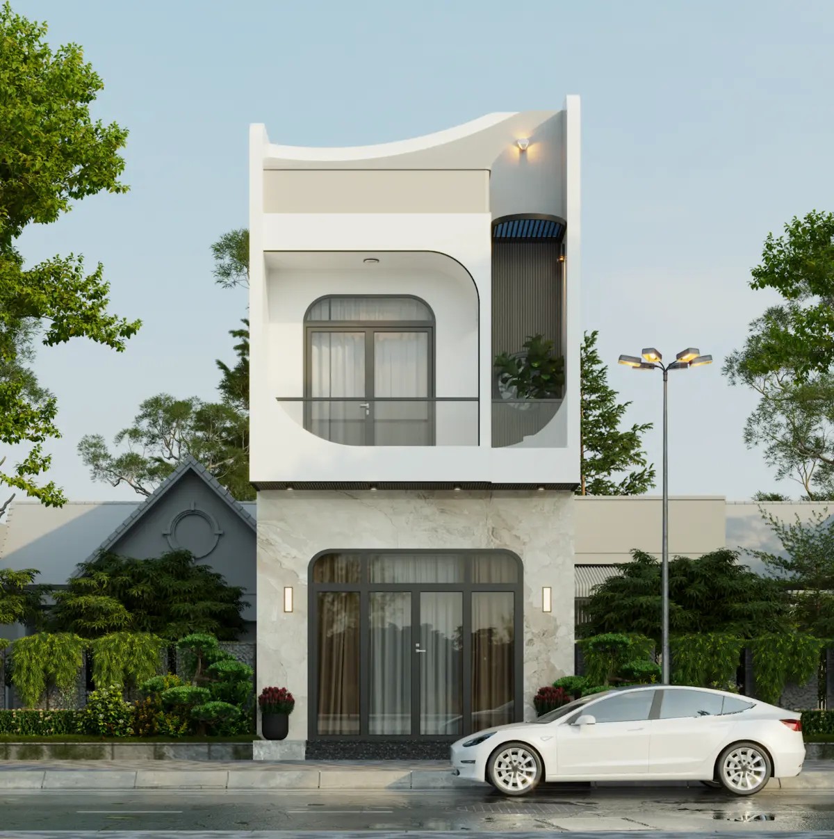 Nhà 1 trệt 1 lầu thiết kế tối giản có cửa vòm