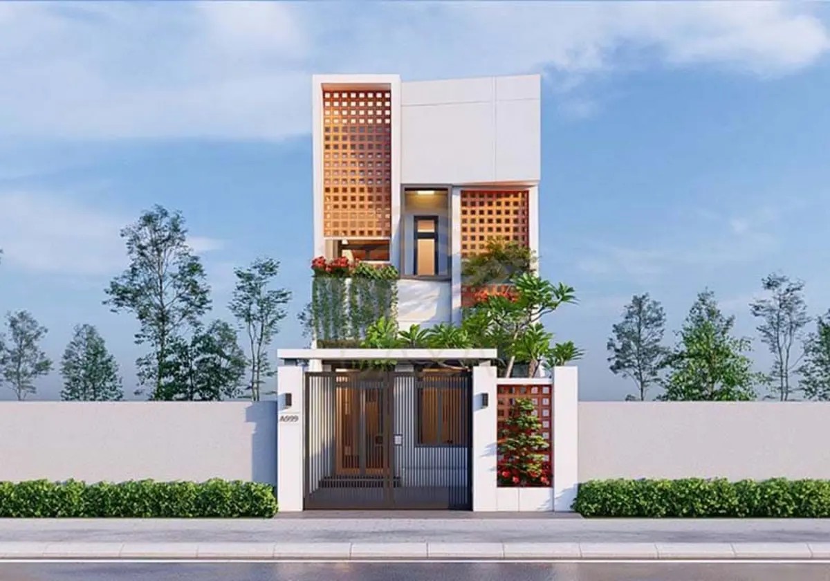 Nhà 1 trệt 1 lầu 3 phòng ngủ có lam che nắng và thông tầng