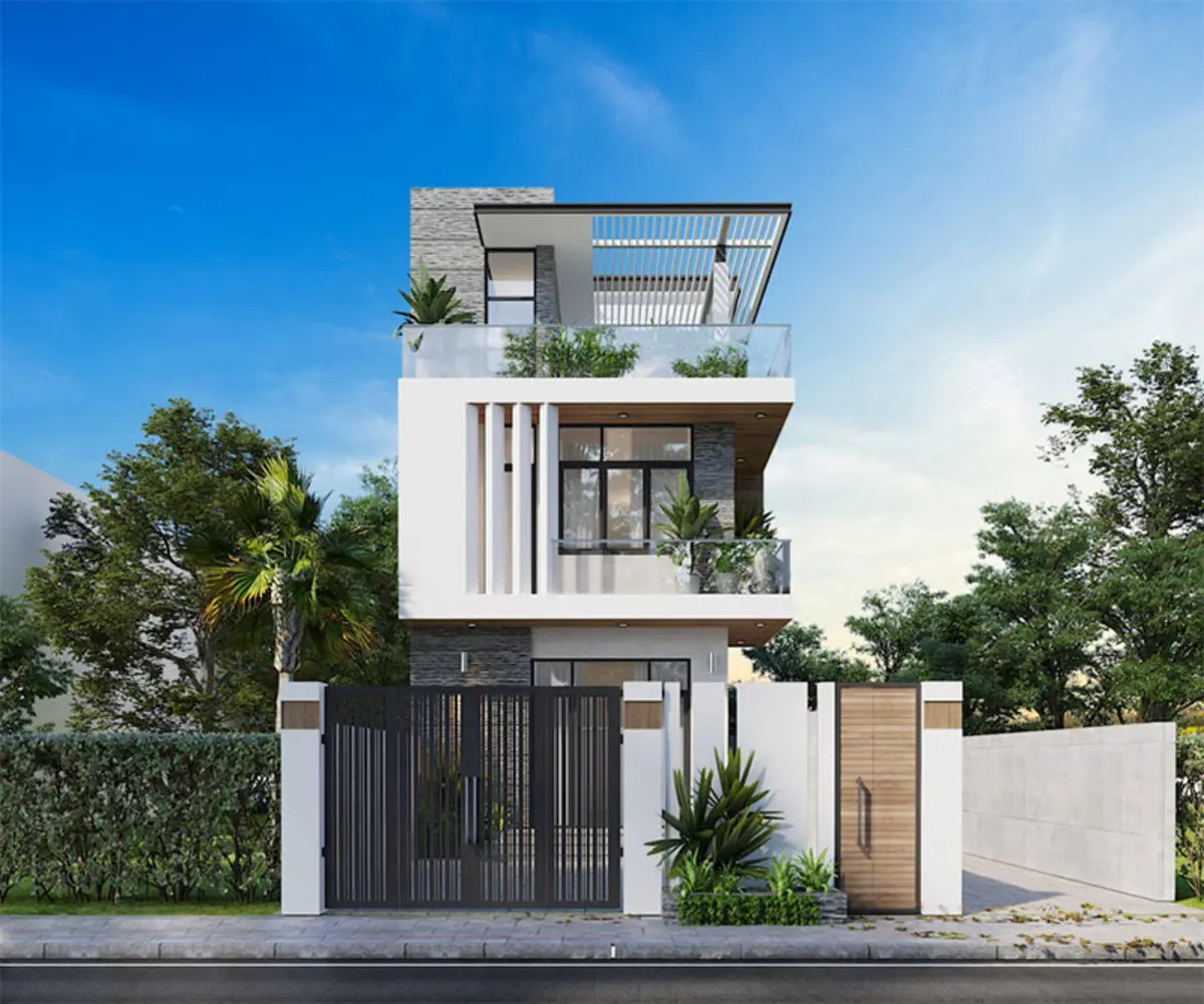 Nhà 1 trệt 1 lầu có sân thượng lớn và lam che nắng sân thượng