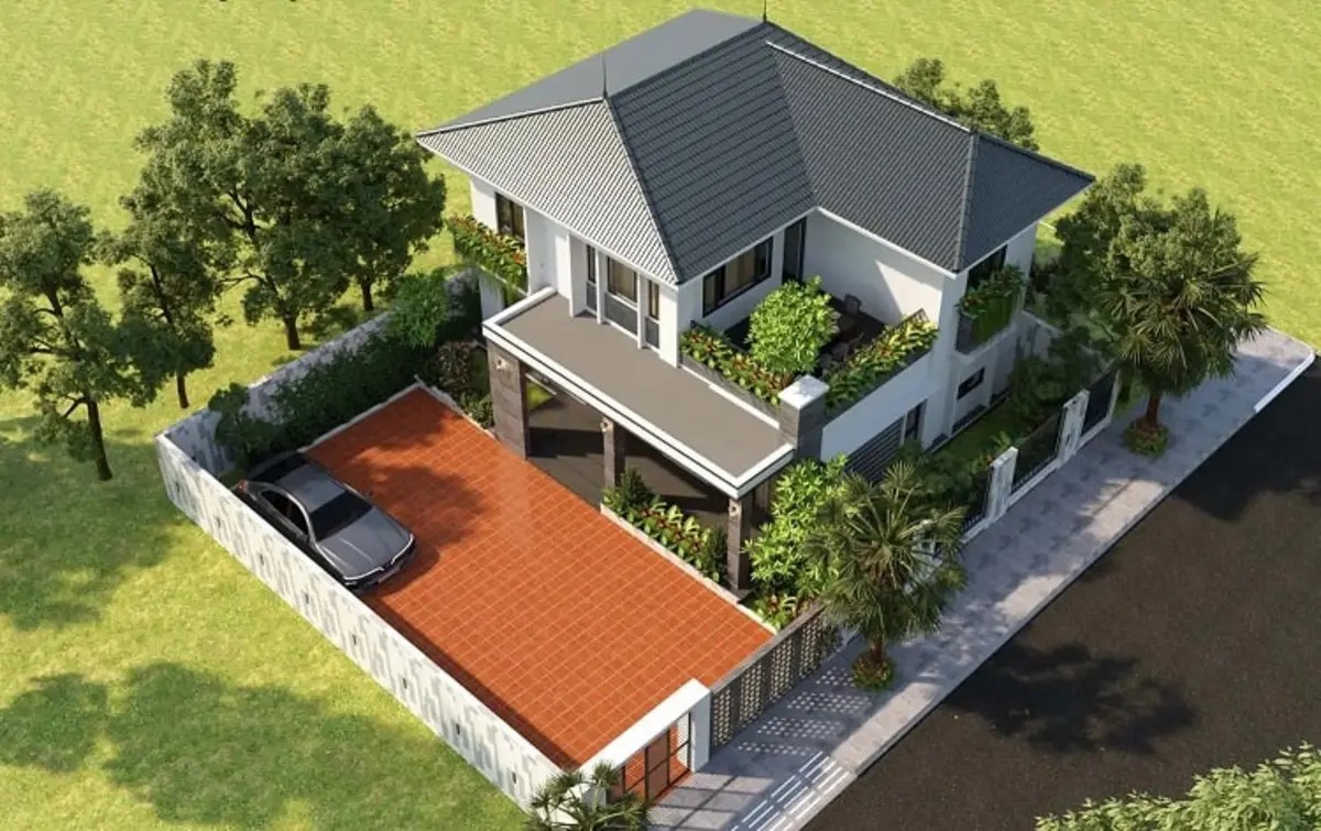 Nhà 1 trệt 1 lầu có sân vườn lớn lát gạch đỏ