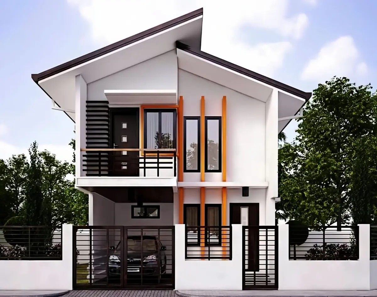 Nhà 1 trệt 1 lầu 3 phòng ngủ mái lệch và lam che màu gỗ