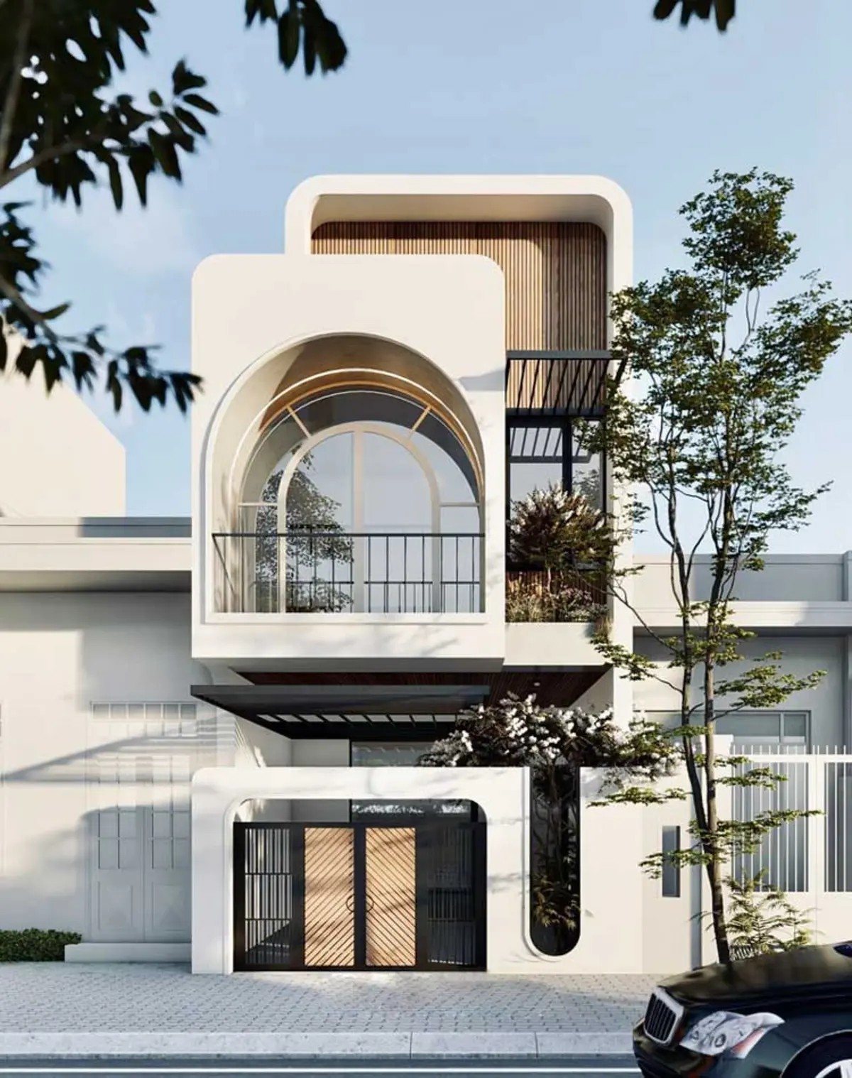 Nhà 1 trệt 1 lầu mái bằng có mái vòm