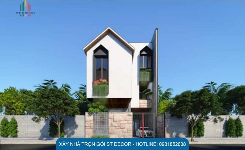 Mẫu nhà 1 trệt 1 lầu kết hợp mái nhọn và mái bằng
