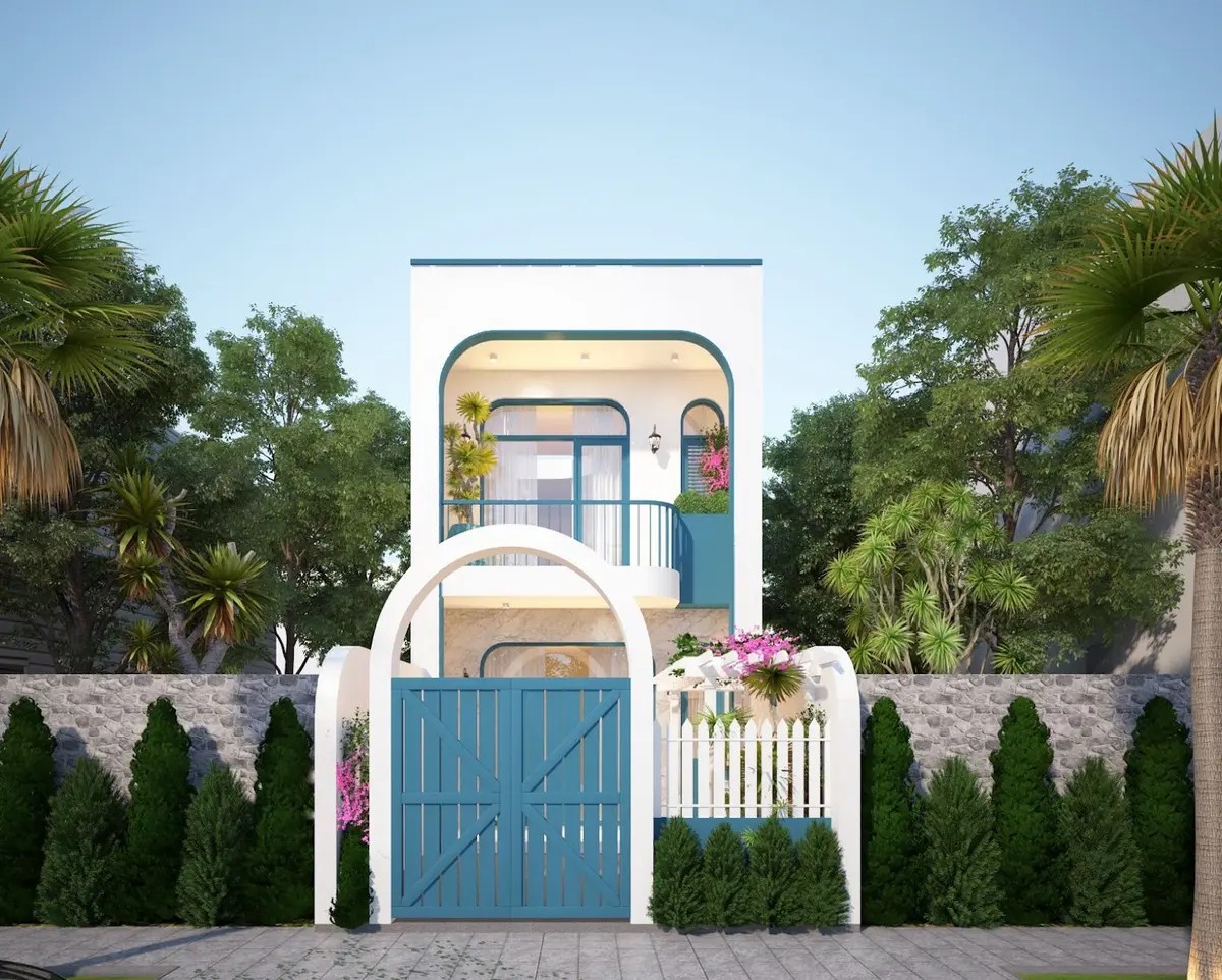 Nhà 1 trệt 1 lầu dưới 100m² với tone xanh dương trắng
