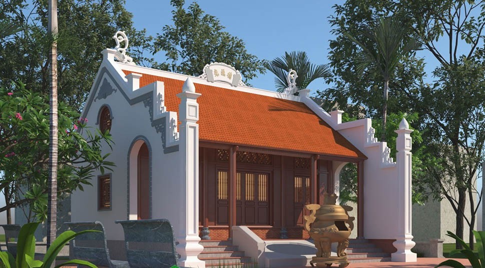 Nhà thờ tổ xây bằng bê tông giả gỗ với mặt tiền ấn tượng