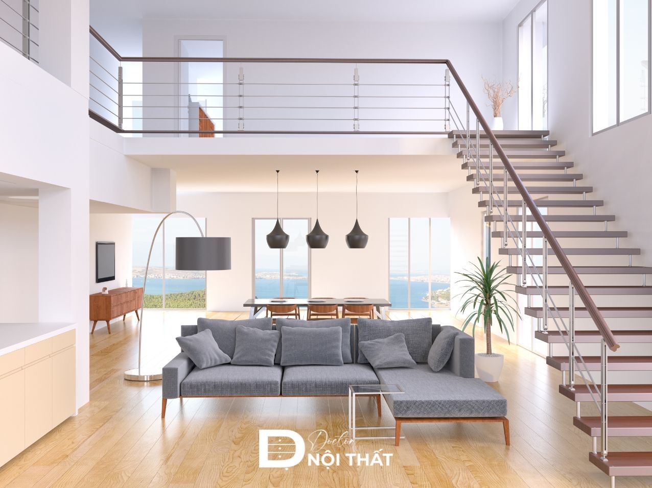 Thiết kế cầu thang phòng khách nhà ống 5m tối giản