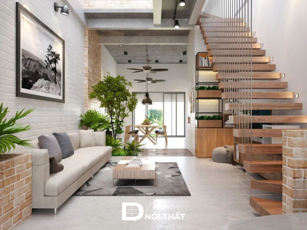 Cầu thang dây cáp kết hợp tường gạch thô