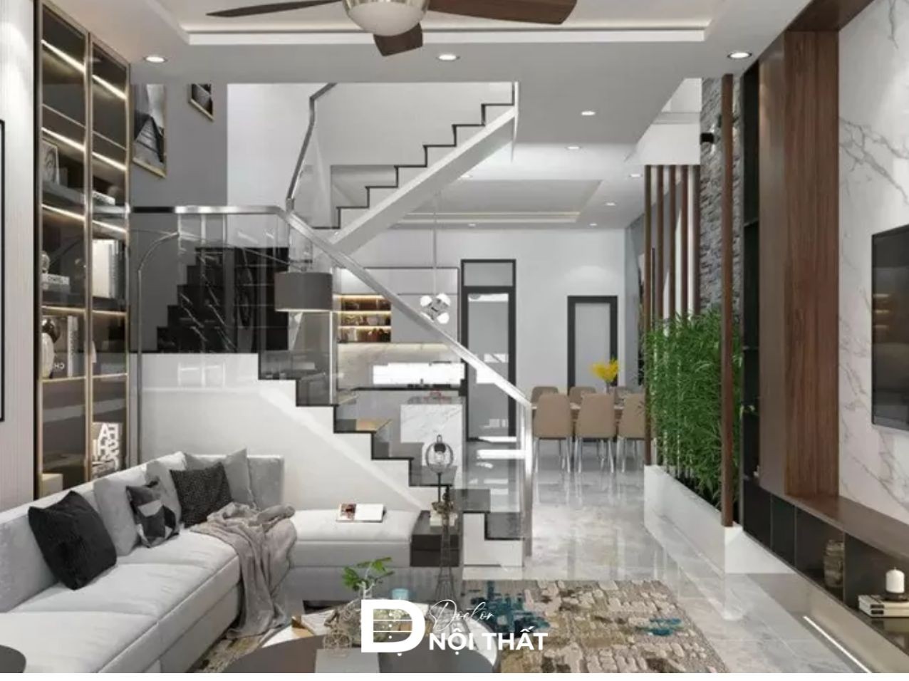 Hệ cầu thang kính sang trọng cho nhà ống 5m