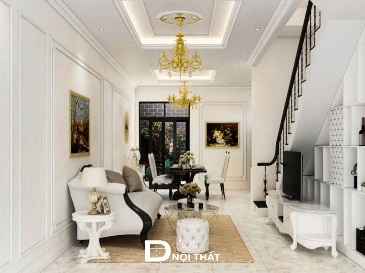 Bố trí kệ tivi dưới chân cầu thang
