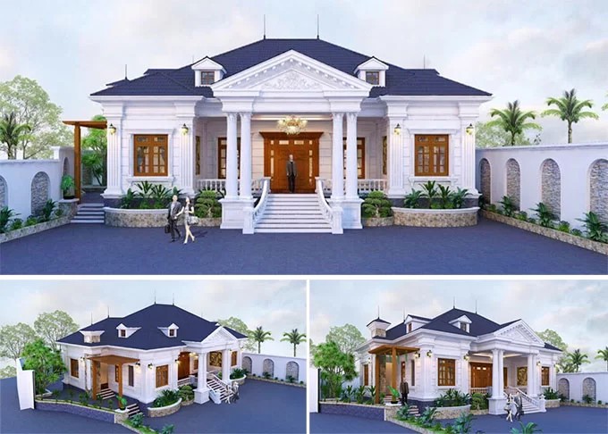 Thiết kế 3d biệt thự 1 tầng tân cổ điển có sân vườn
