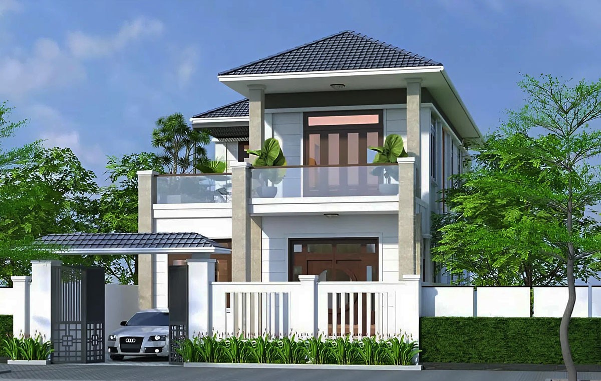Phối cảnh mặt tiền nhà 8x12m 2 tầng với ban công có lan can bằng kính