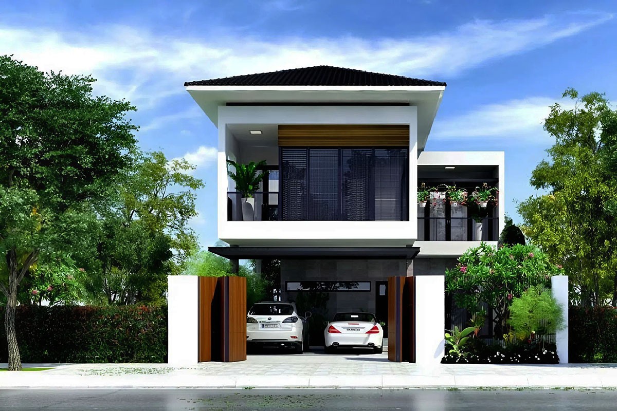 Nhà 8x12m 2 tầng có gara ô tô nằm ở phần sân trước