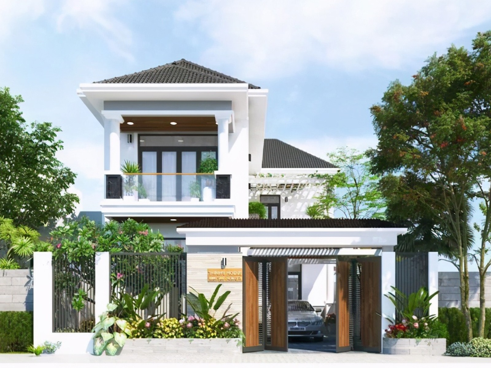 Cảnh quan ngôi nhà hướng Nam với cây xanh xung quanh.