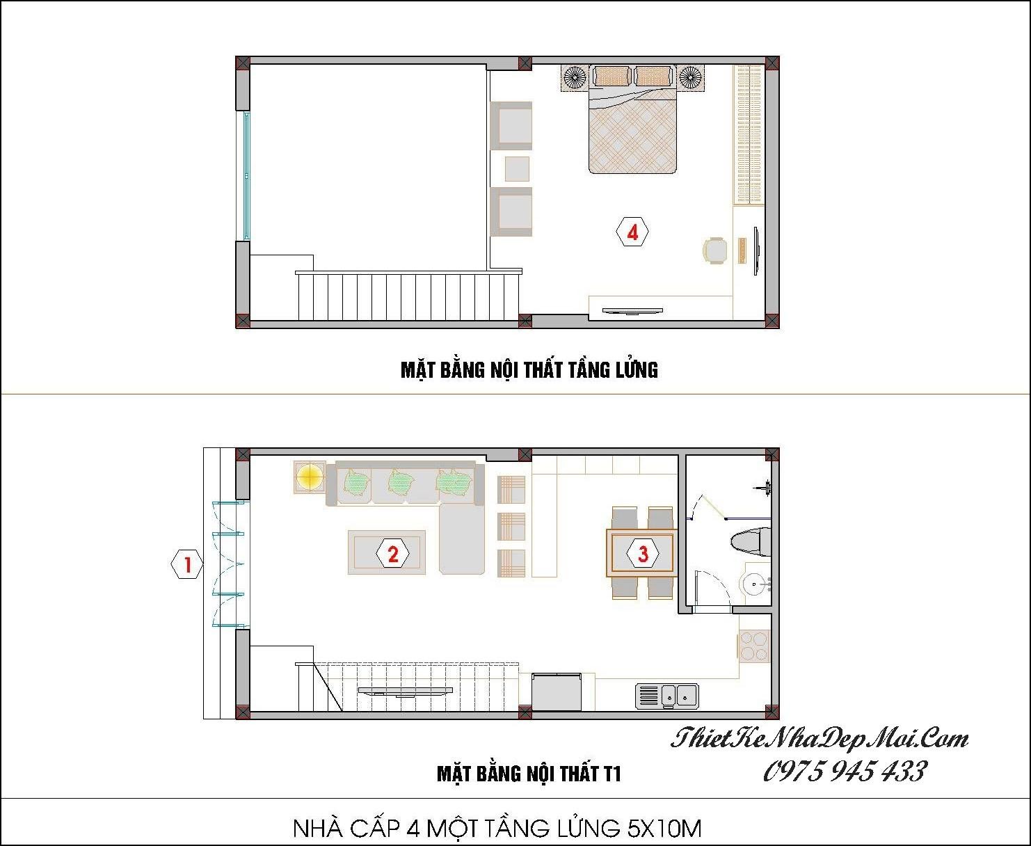 Mẫu nhà 5x10m 1 tầng có gác lửng