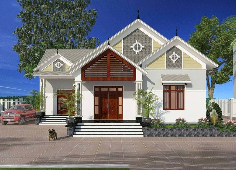 Mẫu nhà mái Thái 3 phòng ngủ nổi bật với thiết kế sân lát gạch và bồn hoa tăng tính thẩm mỹ