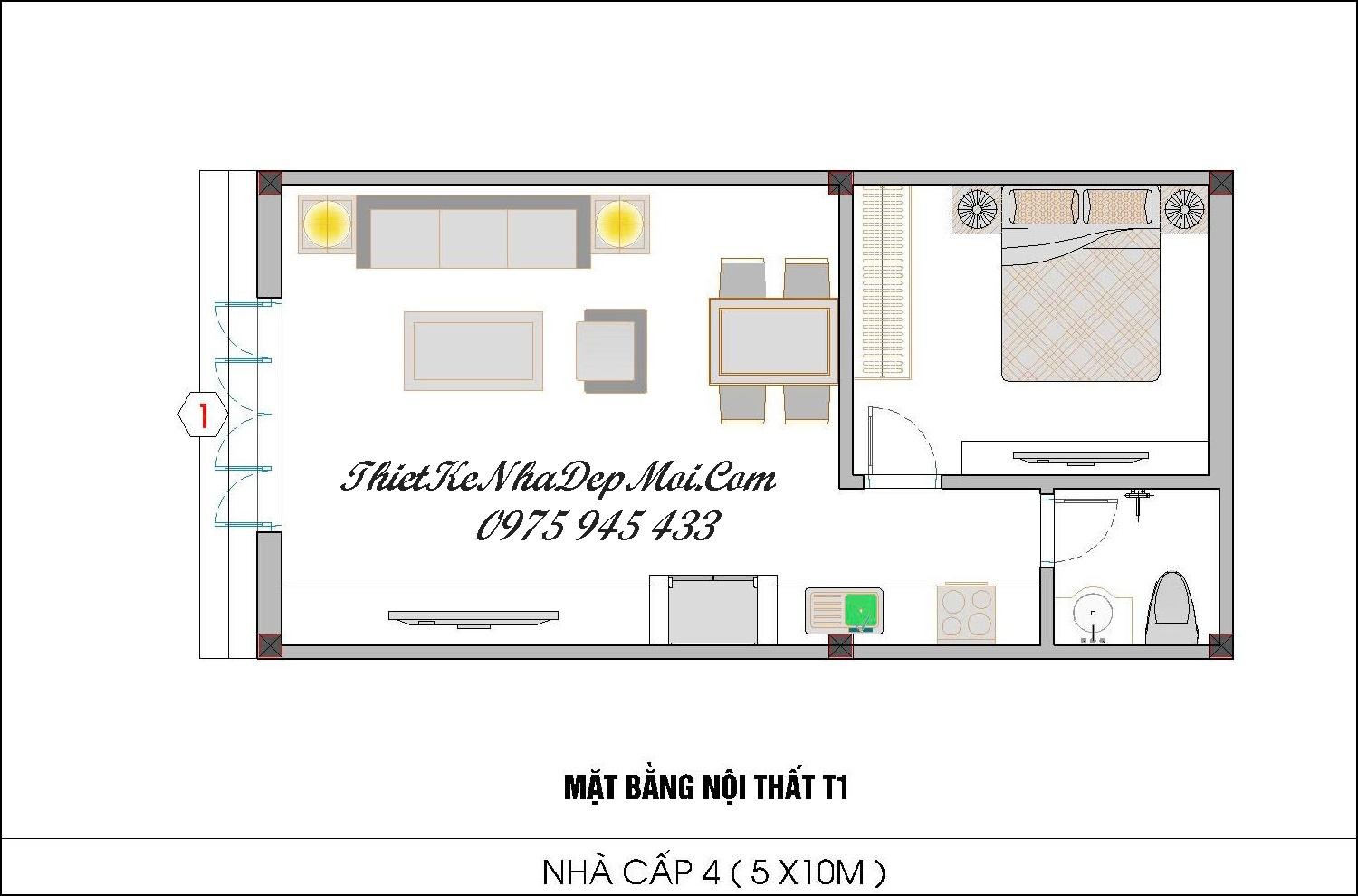 Bản vẽ nhà trệt 1 phòng ngủ 5x10 cấp 4 1 tầng