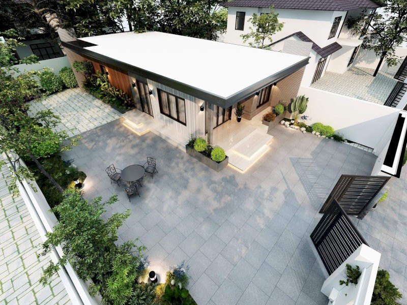Ngôi nhà cấp 4 mái bằng được thiết kế với mặt tiền vuông vức, đường nét tối giản, hiện đại