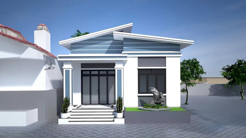 Ngôi nhà cấp 4 mái lệch tạo điểm nhấn độc đáo với hình khối bất đối xứng và gam màu trắng ghi hiện đại