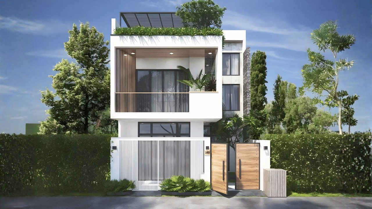 Phối cảnh góc nhà 2 tầng 3 phòng ngủ