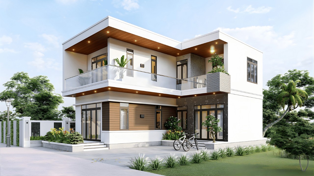 Mặt tiền nhà chữ L 2 tầng với thiết kế ấn tượng