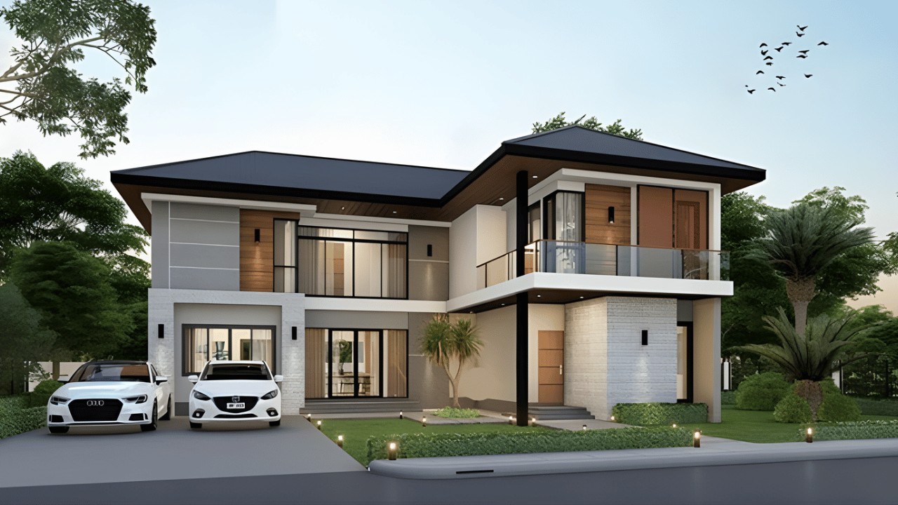 Nhà chữ L 2 tầng với gara để xe tiện lợi