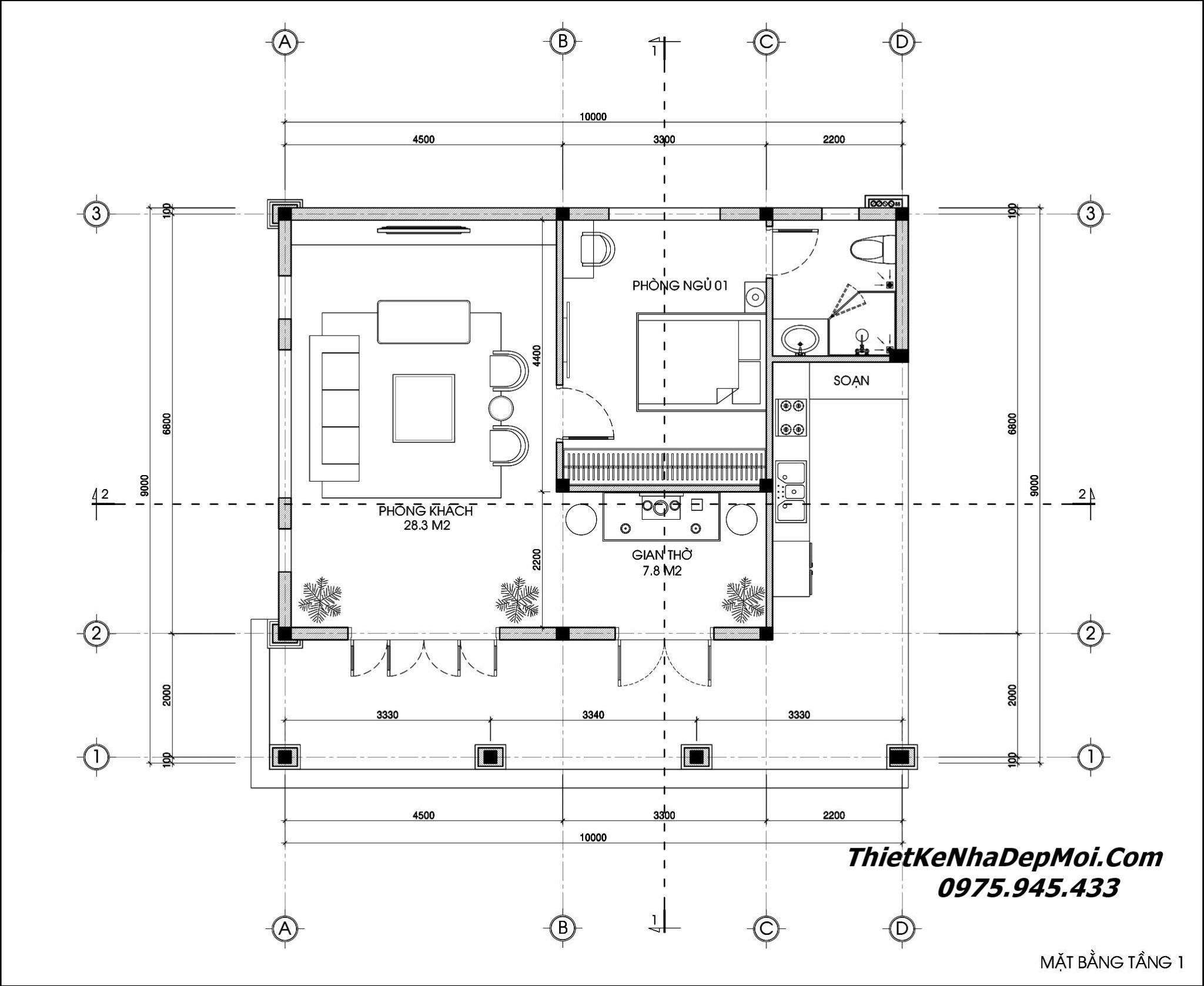 Nhà đẹp 1 tầng 3 gian 1 phòng ngủ 1 phòng khách