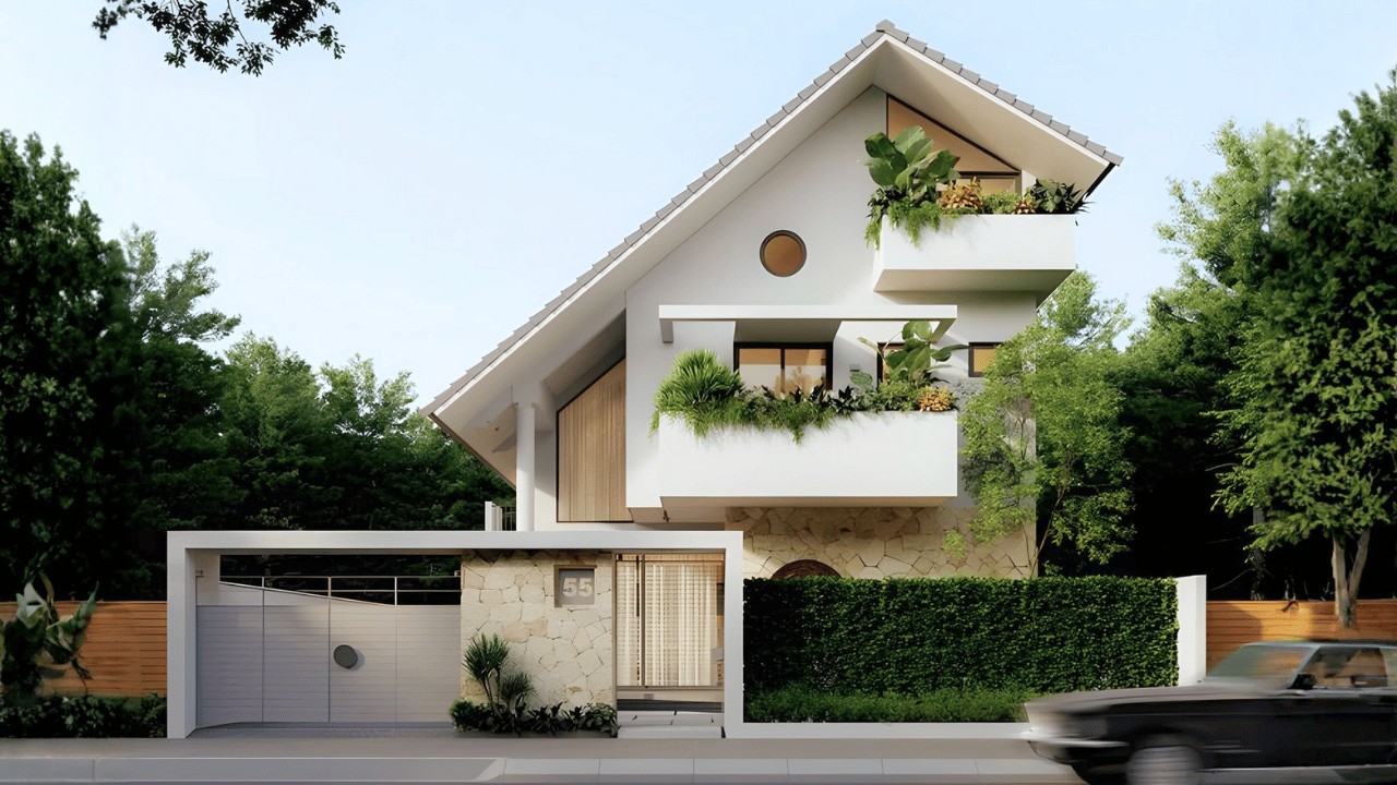 Phối cảnh mặt tiền nhà 2 tầng mái lệch