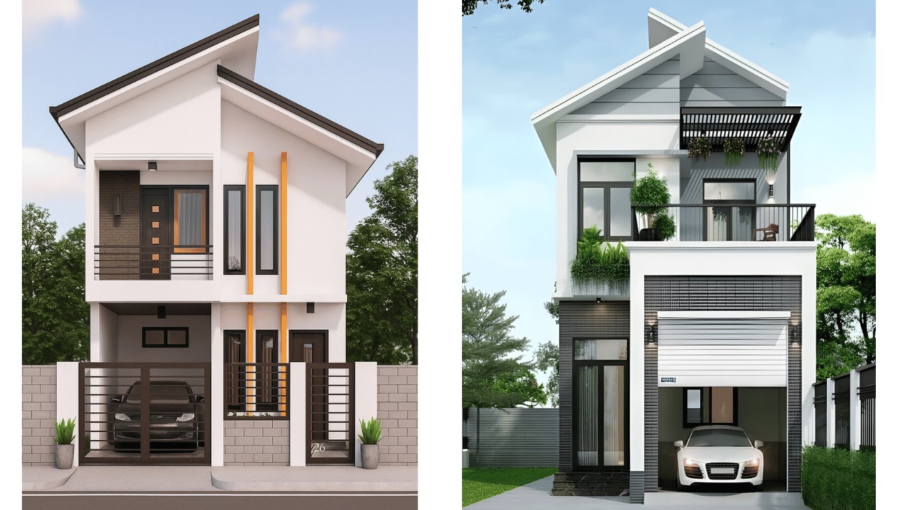Tổng thể kiến trúc nhà 2 tầng mái lệch