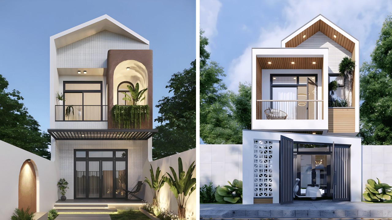 Phối cảnh nhà ống 2 tầng nhìn từ bên hông