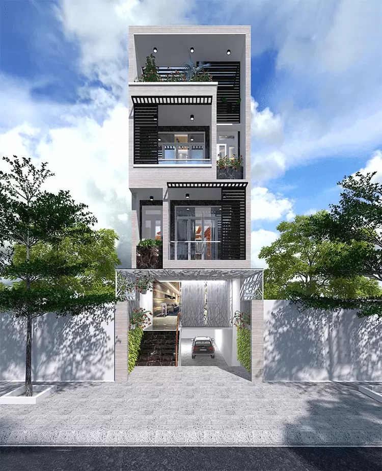 Nhà ống 3 tầng đẹp, thiết kế thêm gara tầng hầm đậu đỗ ô tô
