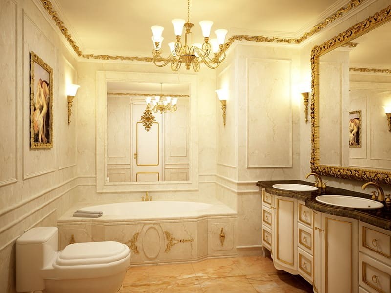 Mẫu thiết kế nhà tắm đẹp kết hợp ánh sáng vàng sang trọng