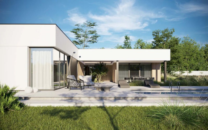 Thiết kế chữ L giúp không gian đón sáng tốt, mặt tiền ốp đá tự nhiên kết hợp tường trắng tạo điểm nhấn thanh lịch