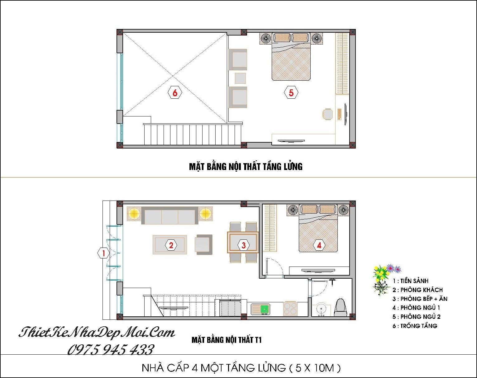 Mẫu nhà 5x10 1 tầng 2 phòng ngủ có gác xếp