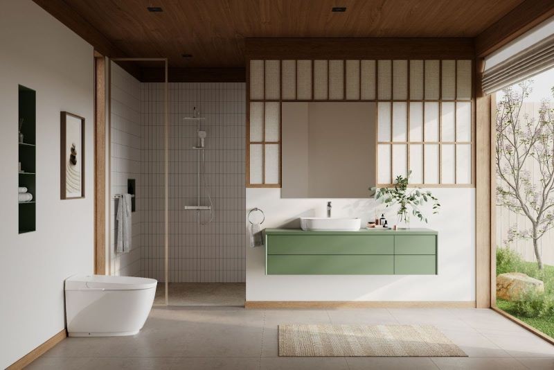 Mẫu thiết kế nhà vệ sinh xanh mát với cây lá và ánh sáng tự nhiên