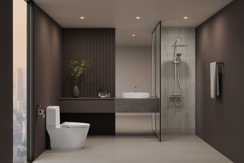 Đặt chậu cây nhỏ phía trên mặt tủ thêm sắc màu cho phòng tắm